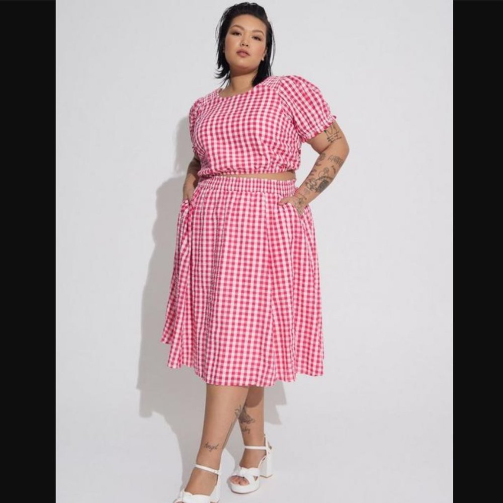 NWT, CUTE** - TORRID Midi Seersucker Gingham Smocked Skirt Set | OFFERS WELCOME